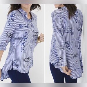 Chico's Blue White Striped Coastal Conversational Button Up Long Sleeve Blouse L
